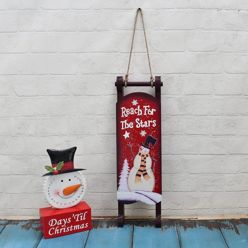Linfevisi Christmas Sled Decor Snowman Wood Signs Santa Sleigh Wall Decoration Wooden Hanging Xmas Ornaments Outdoor, 4.4x15 Inch - Image 1